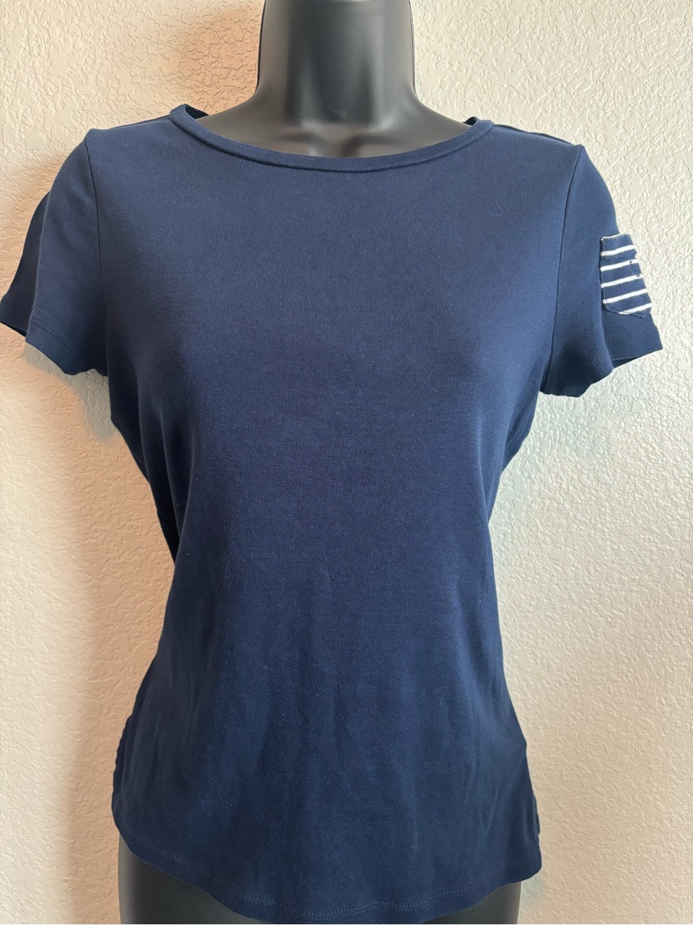 Ralph Lauren Navy Short-Sleeve Crewneck Tee with White Sleeve Stripes - Picture 2 of 7